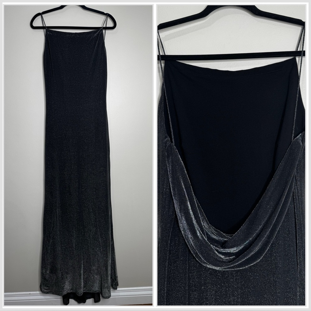 Y2K ABS by Allen Schwartz Black Silver Ombré Mesh Low Cowl Back Gown Large Glam